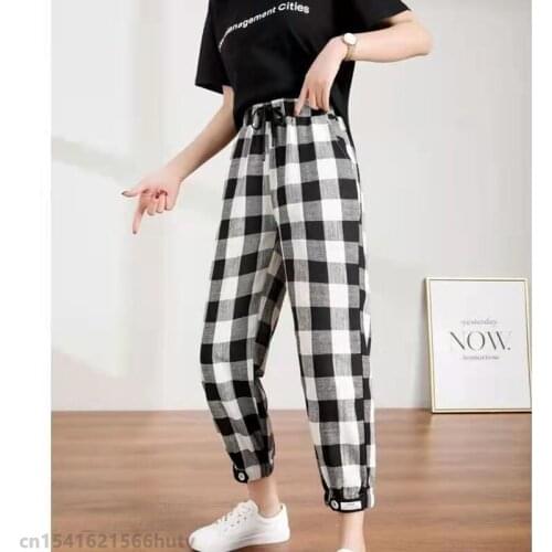 Spring Summer Plaid Pants Womens Harem Pants Capris Drawstring Waist Large Size Casual Loose Women Black and White Grid Trouser