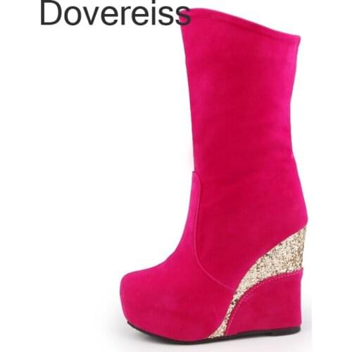 Dovereiss Fashion Womens Shoes Winter Platform shoes Sexy Red Blue Satin Heel Slip On Mature Ladies Boots Half Boots 33-41