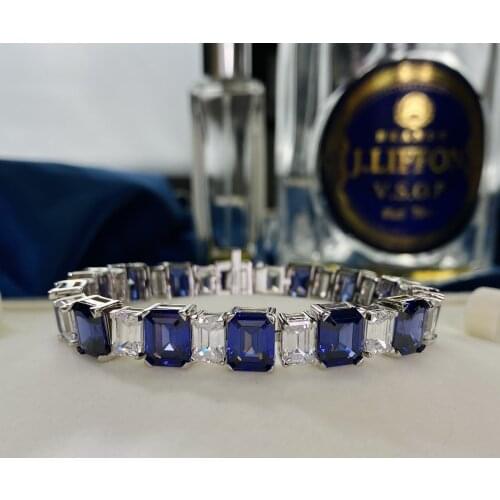 Emerald cut Sapphire Diamond Bracelet 100% Real 925 Sterling Silver Engagement Wedding Bangle Bracelets for women Bridal Jewelry