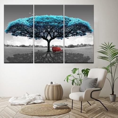 Canvas Painting Blue flowers tree and red chair 3 Pieces Wall Art Painting Modular Wallpapers Poster Print Home Decor