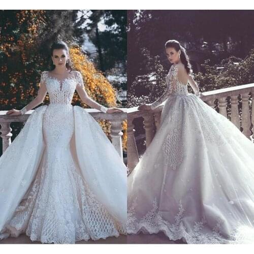 New Backless Mermaid Lace Wedding Dresses Detachable Train Long Sleeves Beaded Tulle Overskirt Dubai Arabic Bridal Gowns