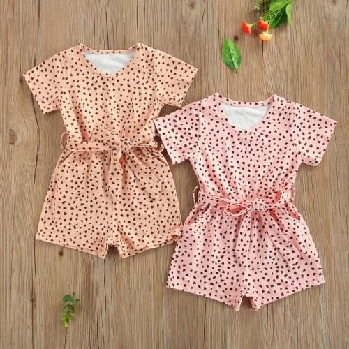 Goocheer Baby Girls Summer Belted Rompers Short Sleeve V Neck Heart Print Jumpsuit Shorts Pant For 0-3Years