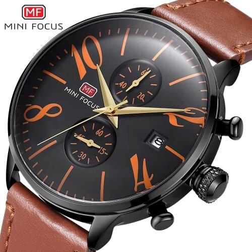 MINI FOCUS Sports Chronograph Watch Men Quartz Clock 2 Dial Calendar Multifunction Fashion Leather Mens Watches Top Brand Luxury