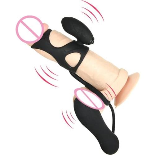 Male Vibration Cock Ring with Anal Plug Vibrator Scrotum Bondage Delay Penis Ring Prostate Clit Stimulator Sex Toys For Adults