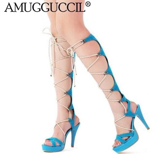 Plus Big Size 32-43 Black White Red Blue Lace Up Fashion Party High Heel Platform Summer Female Lady Women Sandals L708