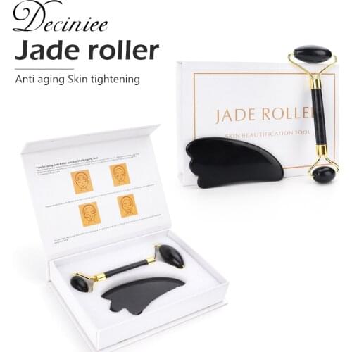 Natural Quartz Scraper Jade Roller Guasha Set Black Genuine Jade Stone Massage Face Lifting Facial Massager Tool for Back Neck