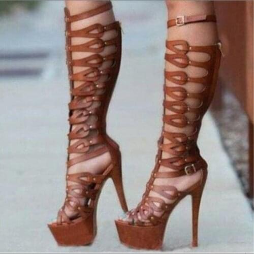 SHOFOO shoes,Beautiful fashion ladys sandals, banquet sandals, knee sandals, suede, 14.5 cm high-heeled sandals. SIZE:34-45