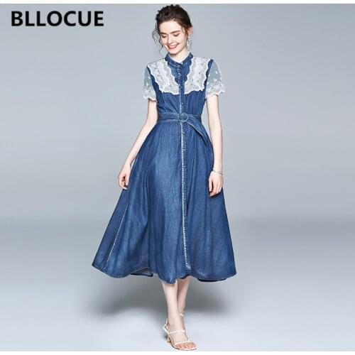 BLLOCUE Vintage Denim A-Line Runway Dress 2020 Summer New Stand Collar Single-breasted Mesh Lace Splice Slim Big Swing Dress