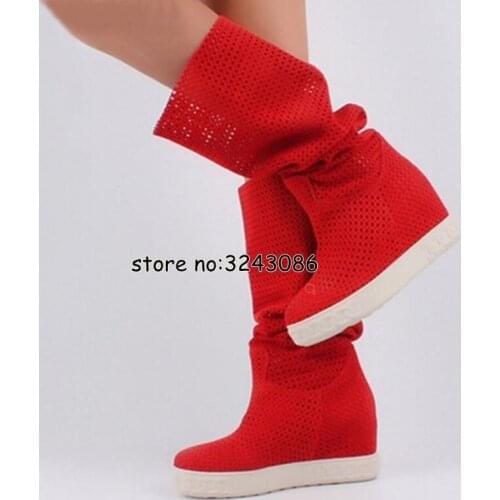 Top Quality Lady Fashion Hidden Wedge Platform Cut-out Sandals Boots Woman Rome Style Suede Knee High Long Boots Shoes