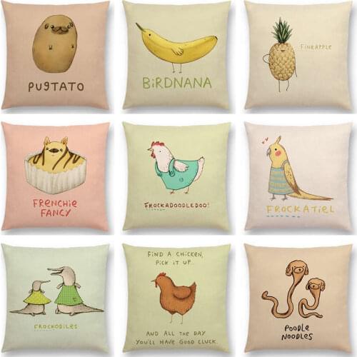 Funny Cartoon Animals Interesting Words Happy Letters Bird Dog Cat Pug Egg Potato Colourful Cushion Cover Sofa Throw Pillow Case