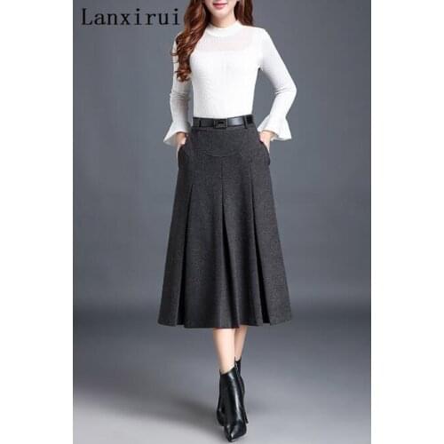New Fashion OL Autumn Winter Women Wool Skirts Plus Size High Waist Casual Midi Pleated A-Line Skirt Female