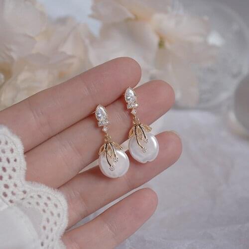 Elegant Bohemia Women Pearl Earrings Luxury AAA Zirconia 14K Real Gold Stud Earring Wedding Jewelry for Bridal Christmas Gift