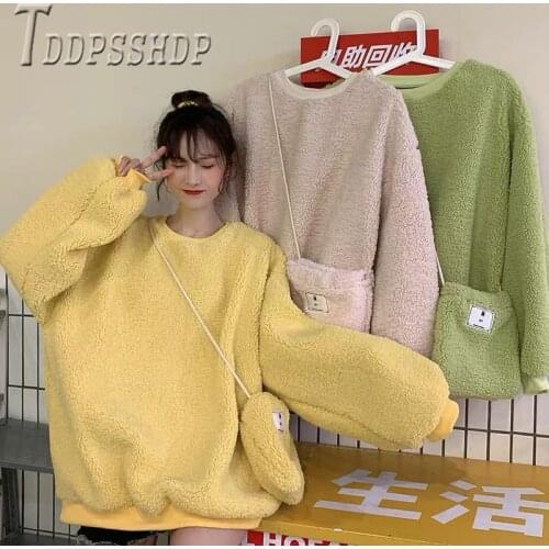 2019 Korean Fashion Candy Color Women Sweatshirt Imitation Lambswool Female Sweatshirts