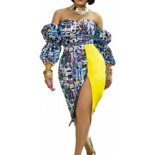 African Midi Dress Womens Flower Print Slash Neck Off The Shoulder Backless Daily Evening Party Dress African Dresses For Women