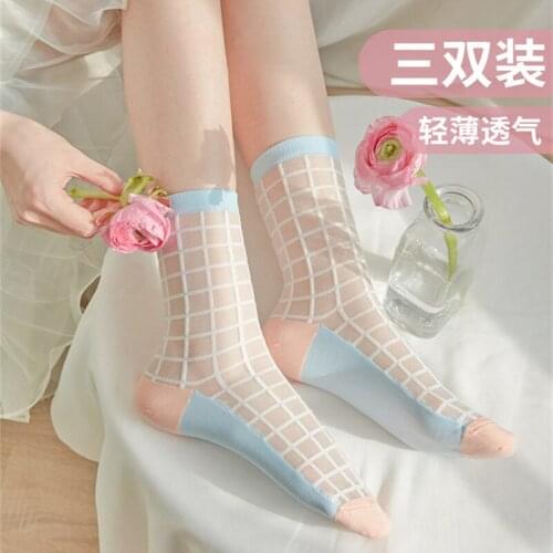 3Pairs/lot Caramella Womens Socks Candy Color Stripe Silk Lace Summer Girl Lolita Socks Cool Silk For Lady Women Cotton Socks