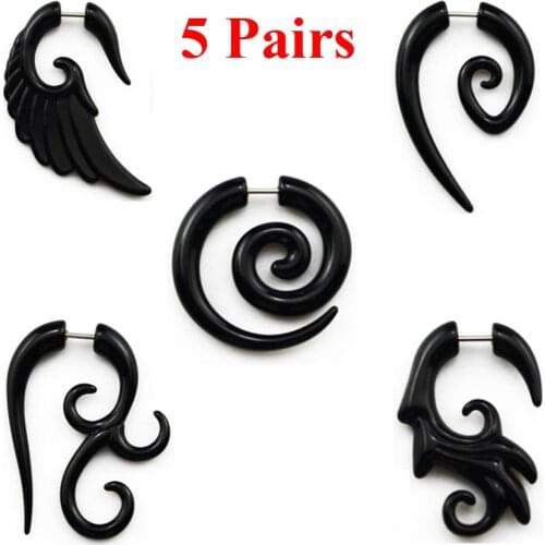 5Pairs Black Acrylic Ear Spirals Fake Cheater Spiral Ear Taper Stretchers Guage Expander Plugs Piercing Earrings Body Jewelry