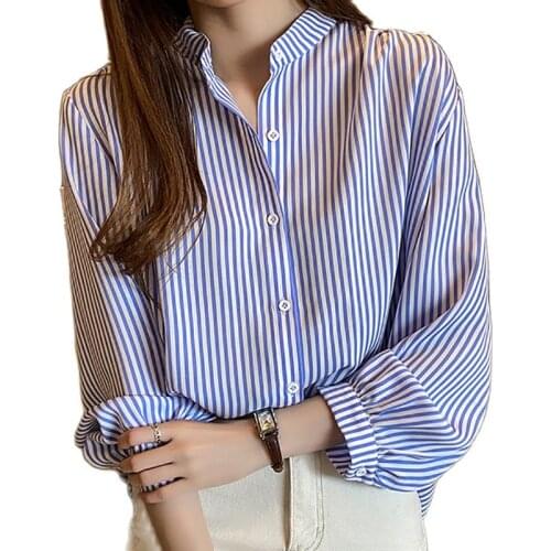 Blusas Mujer De Moda 2020 Female Striped Shirt Korean Fashion Button Women Blouse Womens Shirts Long Sleeve Blue Blouses Femme