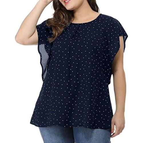 Plus Size Blouses Women 2021 Summer Short Puff Sleeve Polka Dot T-Shirt Ruffle Loose Round Neck Casual Tunic Large Size Tops