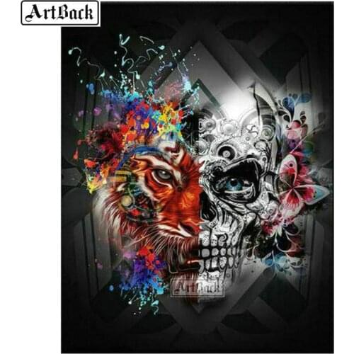 Skull 5d diamond painting cross stitch tiger full square / round death icon diamond mosaic canvas art landscape embroidery