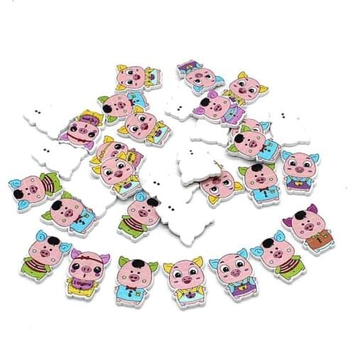 50pcs/lot wooden button mixed painted cartoon pig buckle 2 hole button for craft scrapbook DIY cute botones decoration