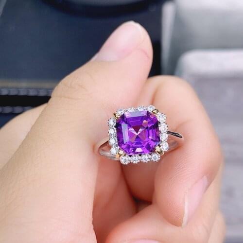 2021 Silver New Simple Fashionable Princess Square Temperament Diamond Amethyst Color Treasure Ring For Women Exquisite Jewelry