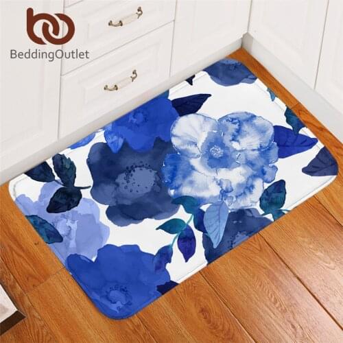 BeddingOutlet Flowers Carpet Watercolor Art Soft Rug Non-slip Floor Mat Absorbent Leaf Blue Doormat For Bedroom 50x80cm