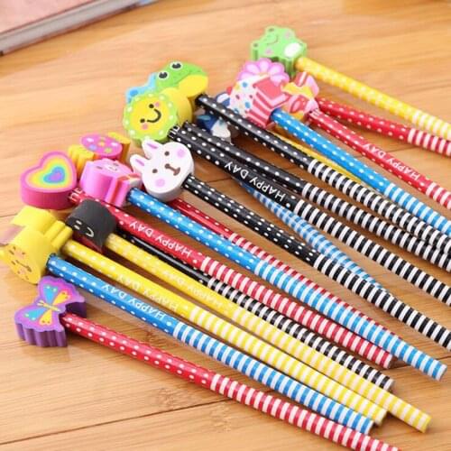 2pc Creative Cartoon Animal Wood Pencil Eraser Pencil New Standard Child Student Learning Stationery School Office Supplies