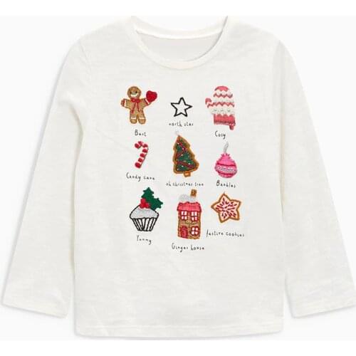 Little Maven New Autumn Spring Kids White Embroidery Christmas Full- sleeved O-neck Cotton Girls Knitted Casual Tshirt Tops
