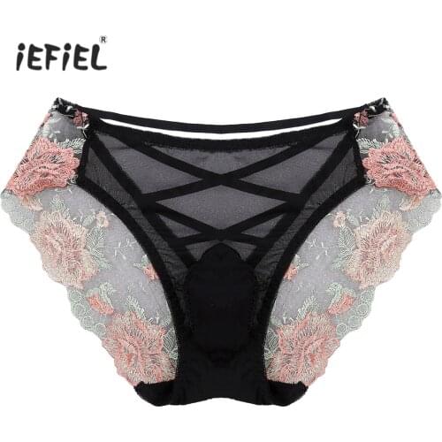 Mens Hollow Out Cross Back Brief Low Rise Bulge Pouch Underwear Erotic Lingerie See-through Embroidered Panties Sissy Underpants