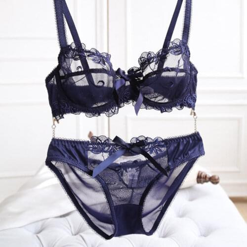 2018 new Sexy Women Sheer Lace Floral Embroidery unpadded push up Bra and Brief Sets Sexy hollow out Mesh Lingerie