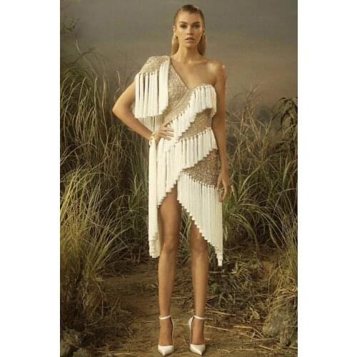 New Arrival One Shoulder Beading Tassels Mini Bandage Dress Sexy Fashion Bodycon Celebrity Party Wear Vintage Vestios