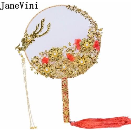 JaneVini New Chinese Style Bridal Flower Bouquet Pearls Gold Phoenix Artificial Flowers Wedding Bouquets Metal Bride Hand Fan