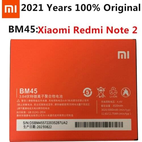 Xiao Mi Original BM45 Mobile Phone Battery For Xiaomi Redmi Note 2 Hongmi Note2 Replacement Batteries Real Capacity 3020mAh