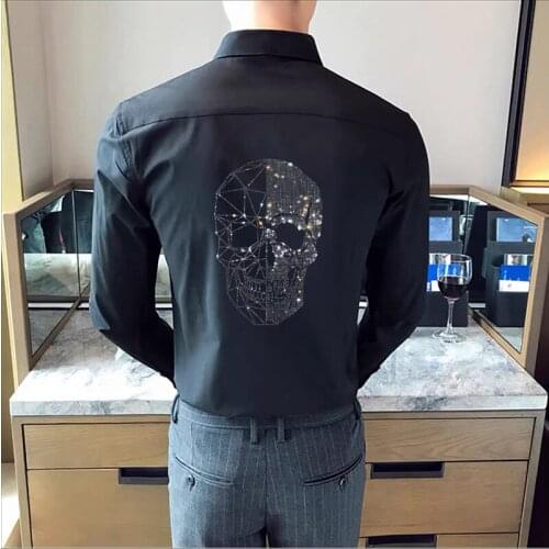 Simple Hot Diamond Skull Mens Lapel Long-Sleeved Classic Slim Business Buttons Oversized Pure Cotton Tops