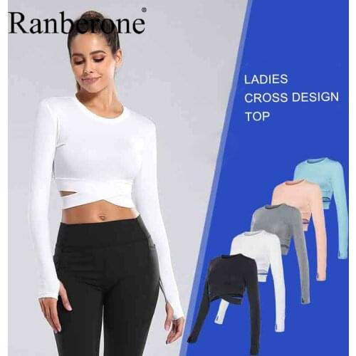 Ranberone 2020 Yoga Shirts O Neck Solid Running Shirts Sexy Exposed Navel Sports Tops Fitness Gym Slim Womens Sportswear