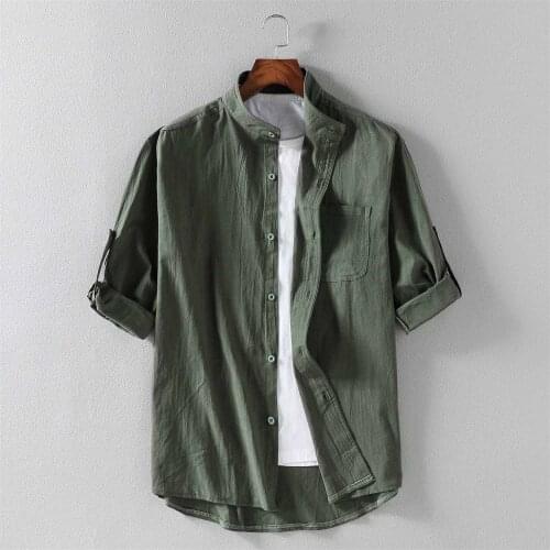 2021 Summer Shirts Men Loose Thin Cotton Short Sleeve Shirts Male Fashion Stand Solid Color 4XL 5XL