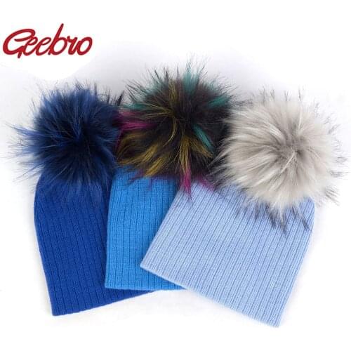 Geebro Winter Fashion Baby Boys Girls Faux Fur pompom Hats Soft Caps Kids Childs Girls Wool Knitted Skullies Beanies