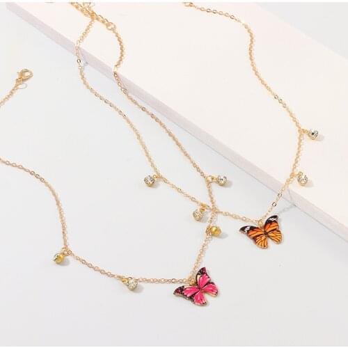 Sweet Women Gold Chain Butterfly Pendant Necklace Colorful Rhinestone Simple Choker Necklace Jewelry Gifts
