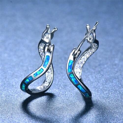 Geometric Irregular Hoop Earrings Boho Female Blue Opal Stone Earrings Vintage Rose Gold Silver Color Wedding Earrings For Women