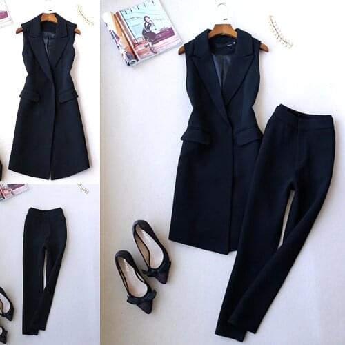 Free Shipping Office Lady Elegant Long Suit Vest and Pants Workwear Clothing Set Women Top and Trousers Sets