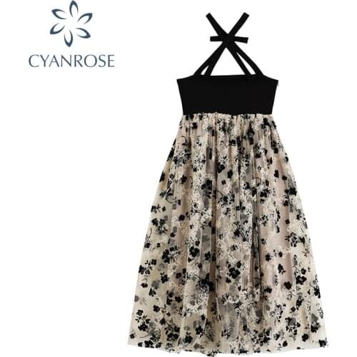 2021 Summer Womens Sleeveless Vestidos High Waist Dress Flower Embroidery Mesh Patchwork Beach Style Lace Up Dresses Female