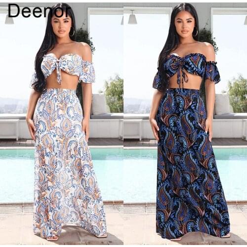 Deenor 2021 New Summer Beach Dress Bra Wrapped Skirt Sexy off Shoulder Print Dress Printed Long Skirt Set Vacation