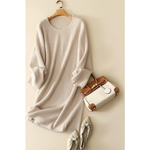 2020 winter new styles cashmere wool loose dresses women crew neck thick sweater dress pullover knitted oversized female jumper