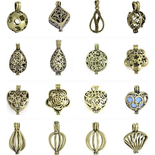 10pcs Perfume Aromatherapy Essential Oil Diffuser Necklace Locket Pendant Glass Pearl Cage Antique Bronze Locket For DIY Jewelry