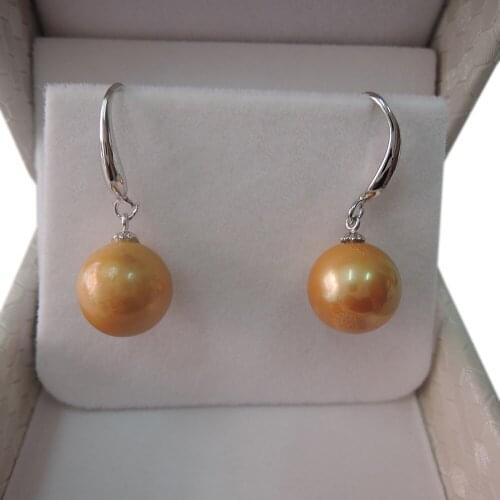 FREE SHIPPING 100% nature freshwater pearl earring,925 silver hook,AAA gold Pearl,11-13 big perfect round pearl earring