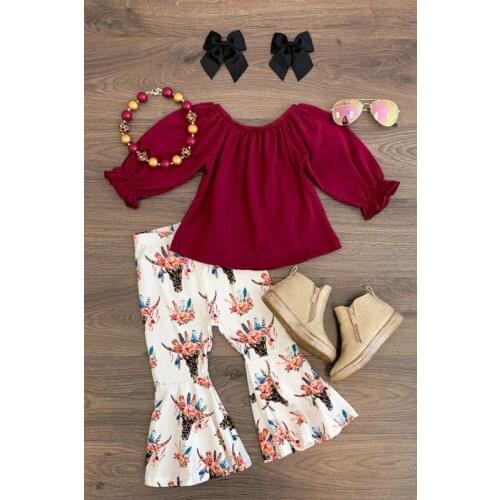 Baby Girl Cotton Solid Tops Long Sleeve shirt+Floral Pants Bell Bottom Outfit Clothes Children Autumn New Fashion Casual Set