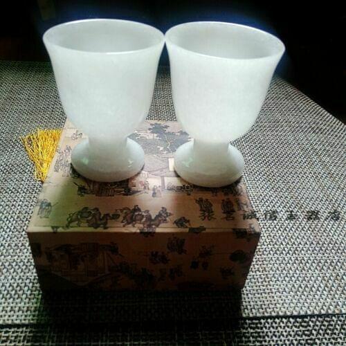 China handmade jade carving natural white Jade wine cup A pair