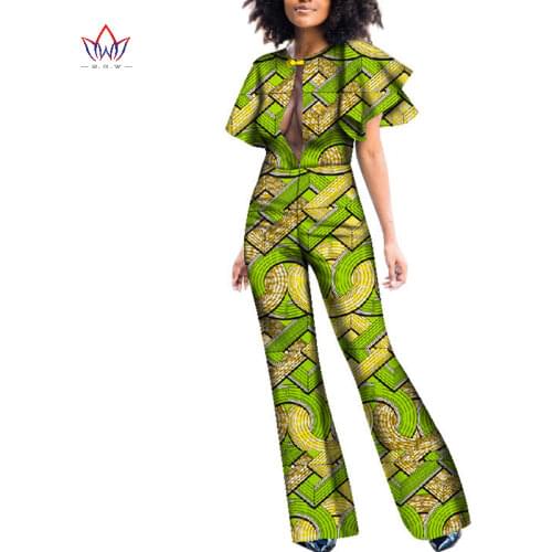 African Jumpsuit for Women Sexy Ruffles Sleeve Jumpsuit Dashiki Clothing Pure Cotton Batik Wax Printed Clothing BRW WY1842