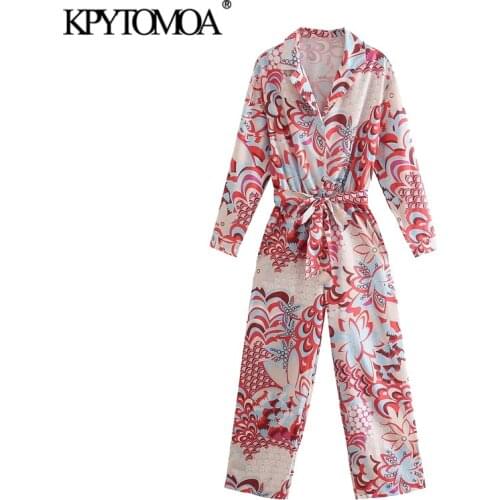 KPYTOMOA Women 2021 Chic Fashion With Sashes Totem Print Jumpsuits Vintage Long Sleeve Button-up Female Playsuits Mujer