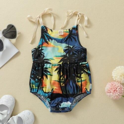 Summer Baby Holiday Style Coconut Tree Print Bodysuit Girls Sleeveless O-neck Short Sling Romper Jumpsuit